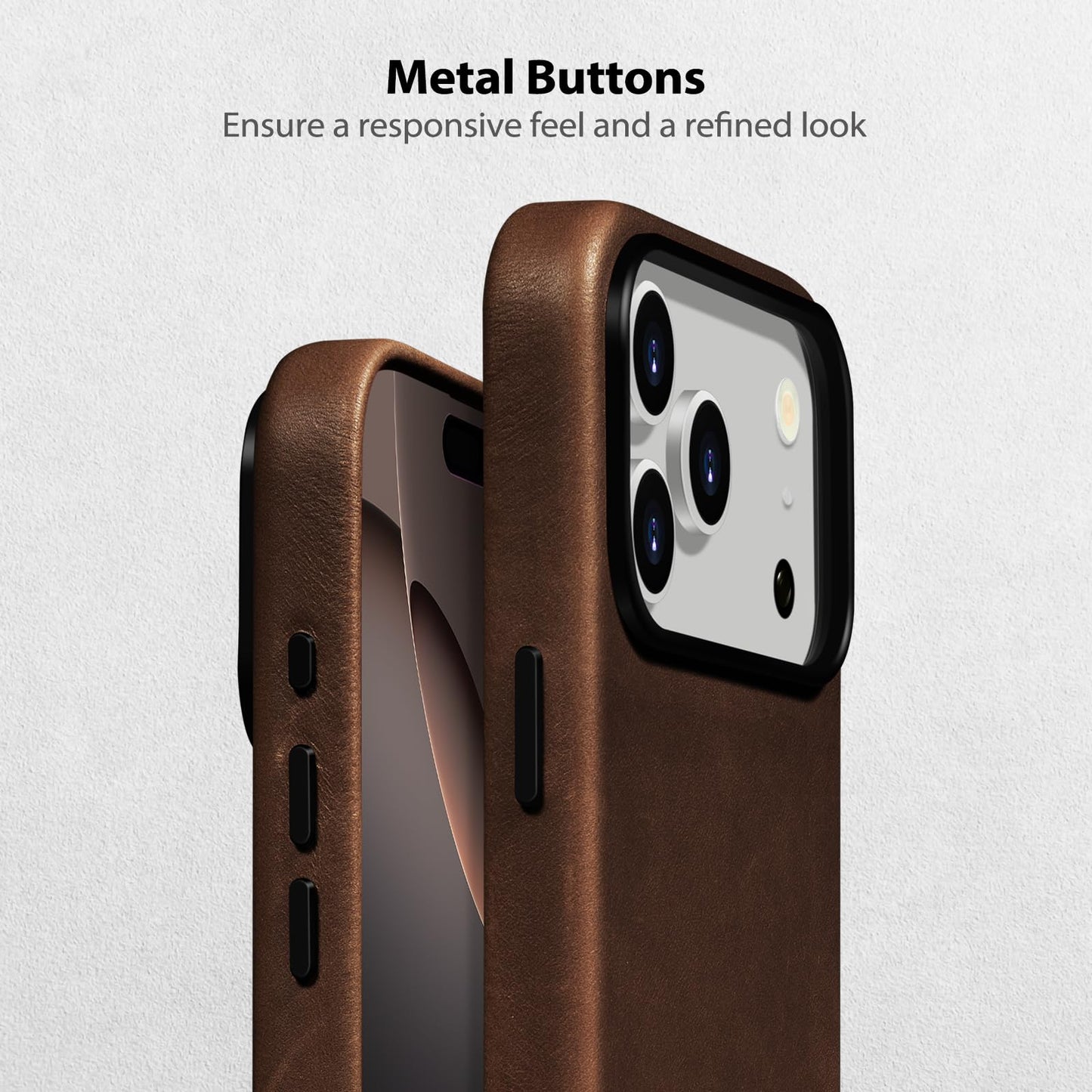 Belemay Handcrafted Full-Grain Vegetable-Tanned Leather Case for iPhone 17 Pro, Compatible with MagSafe, Two-Tone Effect, Natural Patina, Camera Control Button, Metal Buttons (6.3") Bourbon Brown