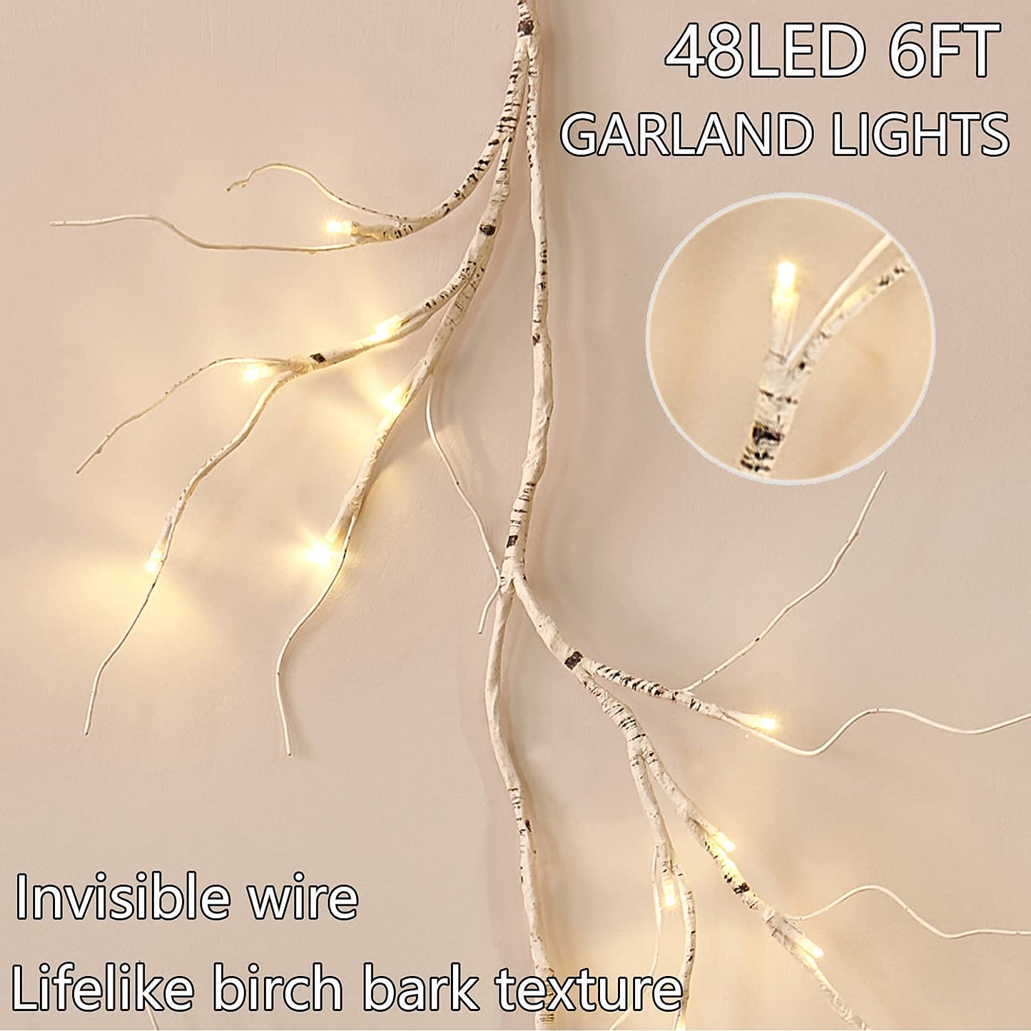 Fudios Lighted Birch Garland with Timer 48 LED Fairy Lights 6ft Battery Operated for Mantle Decor, Lit Christmas White Twig Garland Winter Home Wall Decoration Indoor Outdoor Use 1 Set
