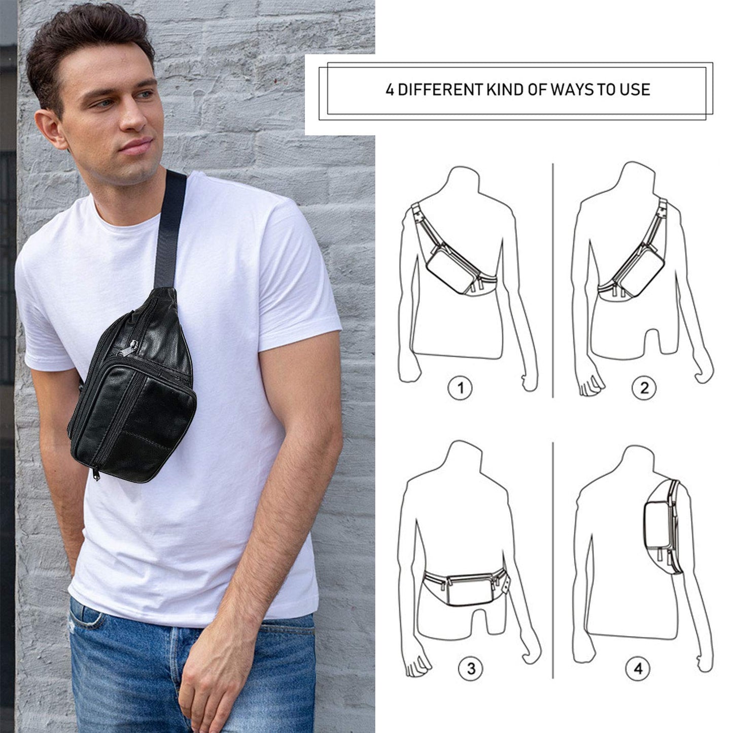 Leather Fanny Pack Travel Waist Bag for Man Women Unisex Hiking Travel Sport Running Cycling with Adjustable Belt Black