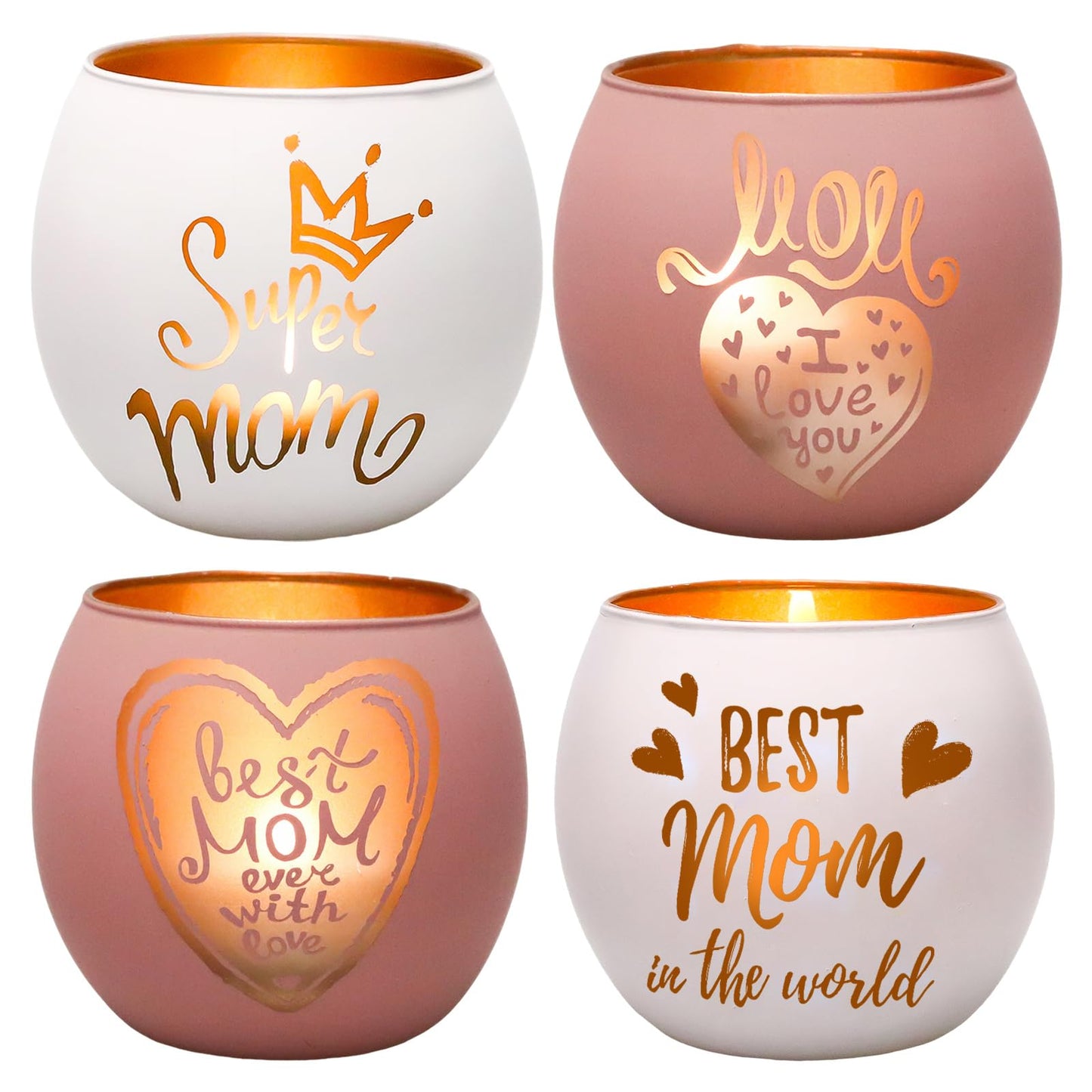 Mother's Day Glass Candle Holders Set of 4, Best Mom Ever Tealight Holders with Super Mom & Heart Designs, Decorative Votive Candle Holders for Women's Birthday, Grandma Gift & Mother's Day Decor