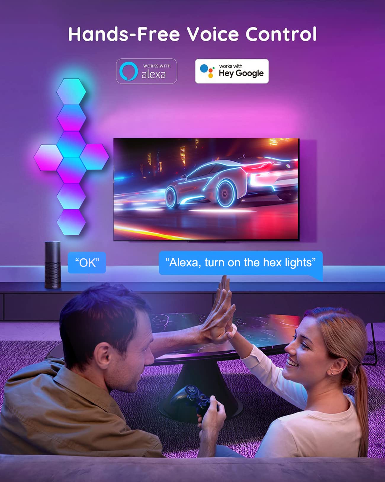 LED Hexagon Lights for Gaming Setup, Smart Home Gaming Wall Lights Work with Alexa Google Assistant, Voice, App & Remote Control, RGB-IC LED Light Panels Music Sync for Game Room Bedroom, 10 Pack