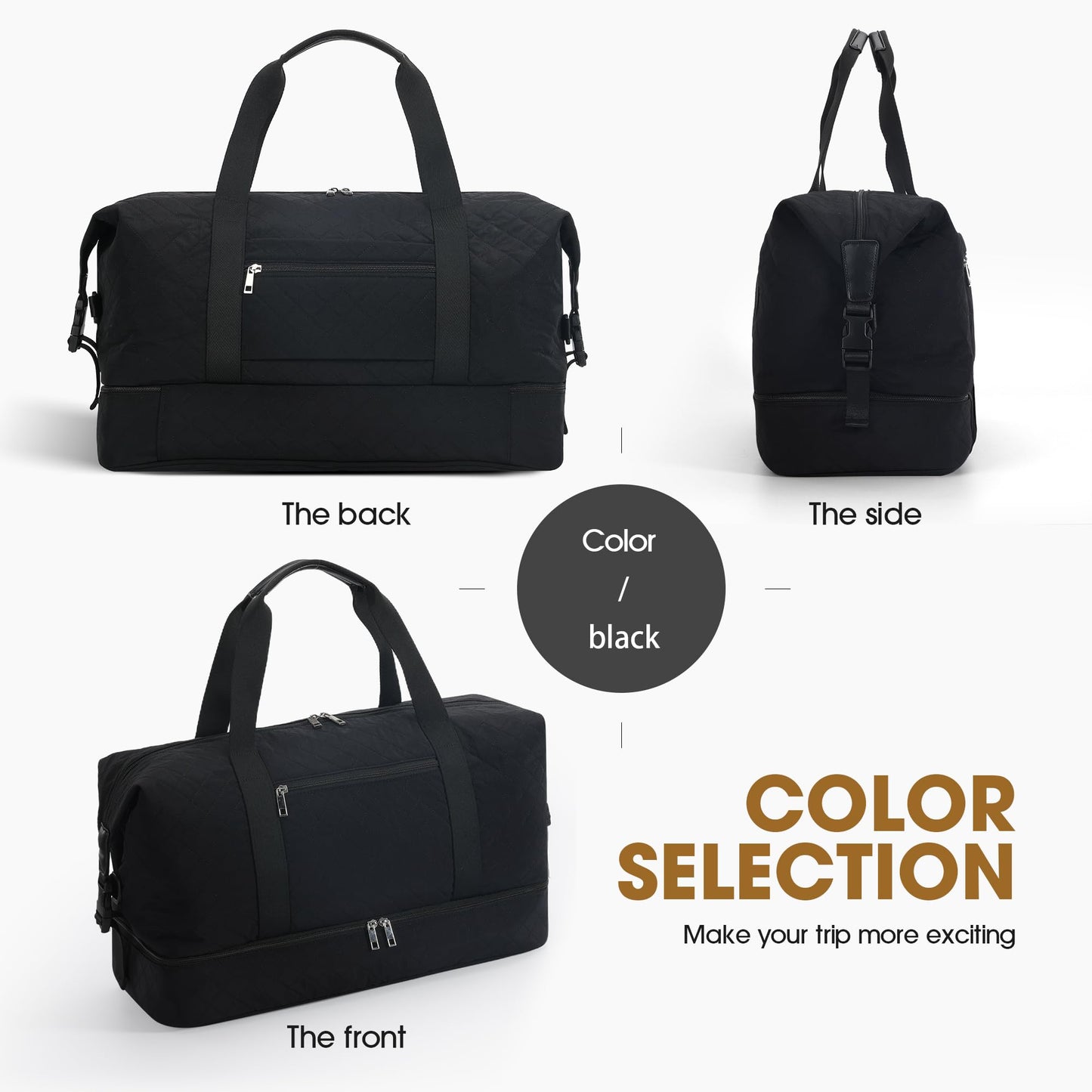 Oeihuivt Weekender Bags for Women with 3 Extra Pack - 21 Inch Large Travel Duffel Bag Set with Shoe Compartment, Heavy-Duty Nylon Carry on Overnight Tote, Black