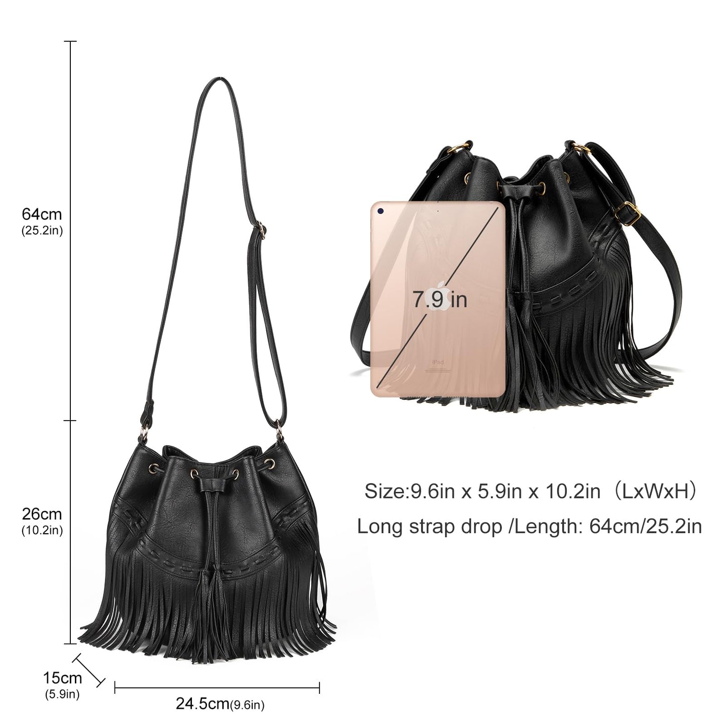 Leather Bucket Bags for Women Crossbody Fringe Purses with Drawstring Ladies Tassel Hobo and Shoulder Handbags Black