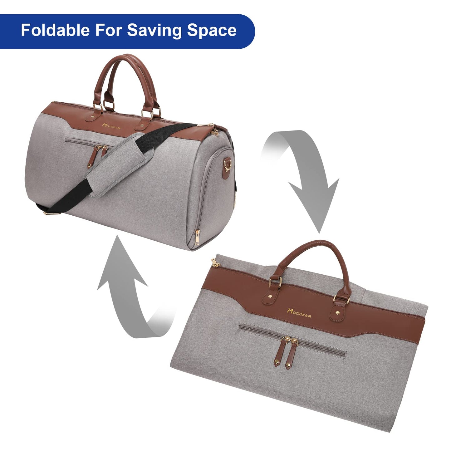 Modoker Convertible Garment Bag with Shoulder Strap, Carry on Garment Duffel Bag for Men Women - 2 in 1 Hanging Suitcase Suit Travel Bags, Caramel