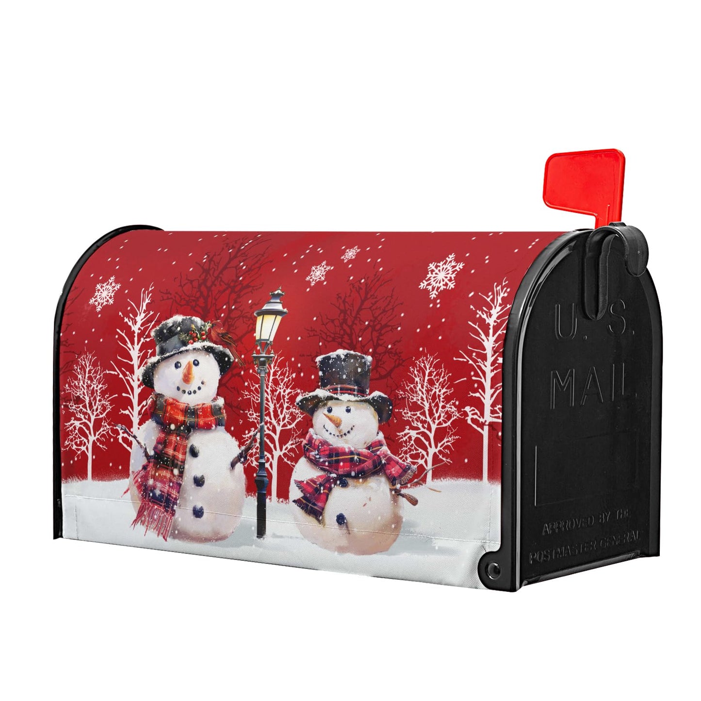 Merry Christmas Red Snowman Magnetic Red Winter Outdoor Mailbox Cover - Standard Size 25.5 x 21 Inch Snowflakes Holiday Mailbox Wrap
