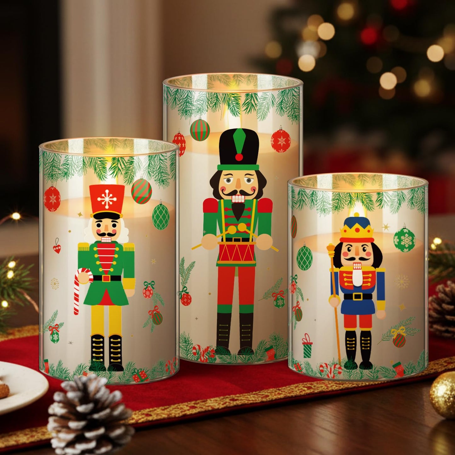 Blosssound 3 Pack Christmas Flameless Candles Battery Operated Xmas Nutcrackers Flameless Flickering Candles LED for Home Fireplace Winter Holiday Table Decorations Christmas Gifts