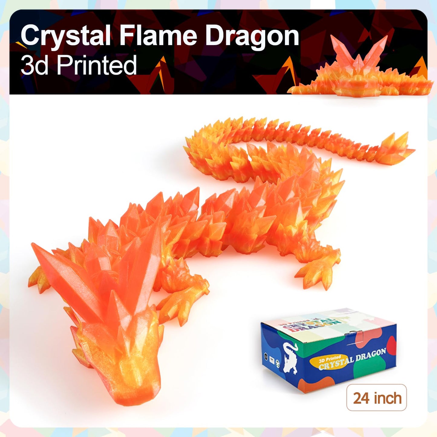 24”3D Printed Dragon Large 3D Dragon--Bigger Fidget Toy Gift for Kids, Boys, Girls & Adults,Cool Giant Crystal 3-D Printed Animals Desk Decor, Easter Basket Essentials(Flame Colour, 24inch)