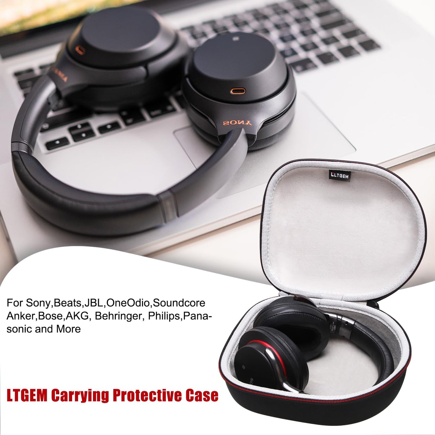 Headphone Headset Case Compatible with Audio-Technica ATH-M20x/JBL/Raycon/Soundcore Anker/Sony/Beats/JLab/TOZO/Logitech/BERIBES/KVIDIO Headphones, Large Headphone Case Hard Shell(Black+Grey)