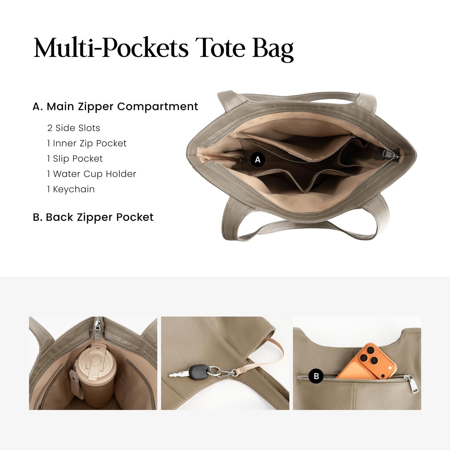 befen Soft Genuine Leather Tote Bag for Women with Zipper, Slouchy Casual Work Tote Purse Shoulder Weekender Bags Handbag for Daily & Travel Taupe