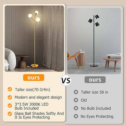 Globe Mid Century Tree Floor Lamp with 3 Light Bulbs,70in Tall Standing Glod Floor Lamp with Frosted Glass Shade for Living Room,Office,Bedroom, Study Room, Hotel, Antique Brass Lighting