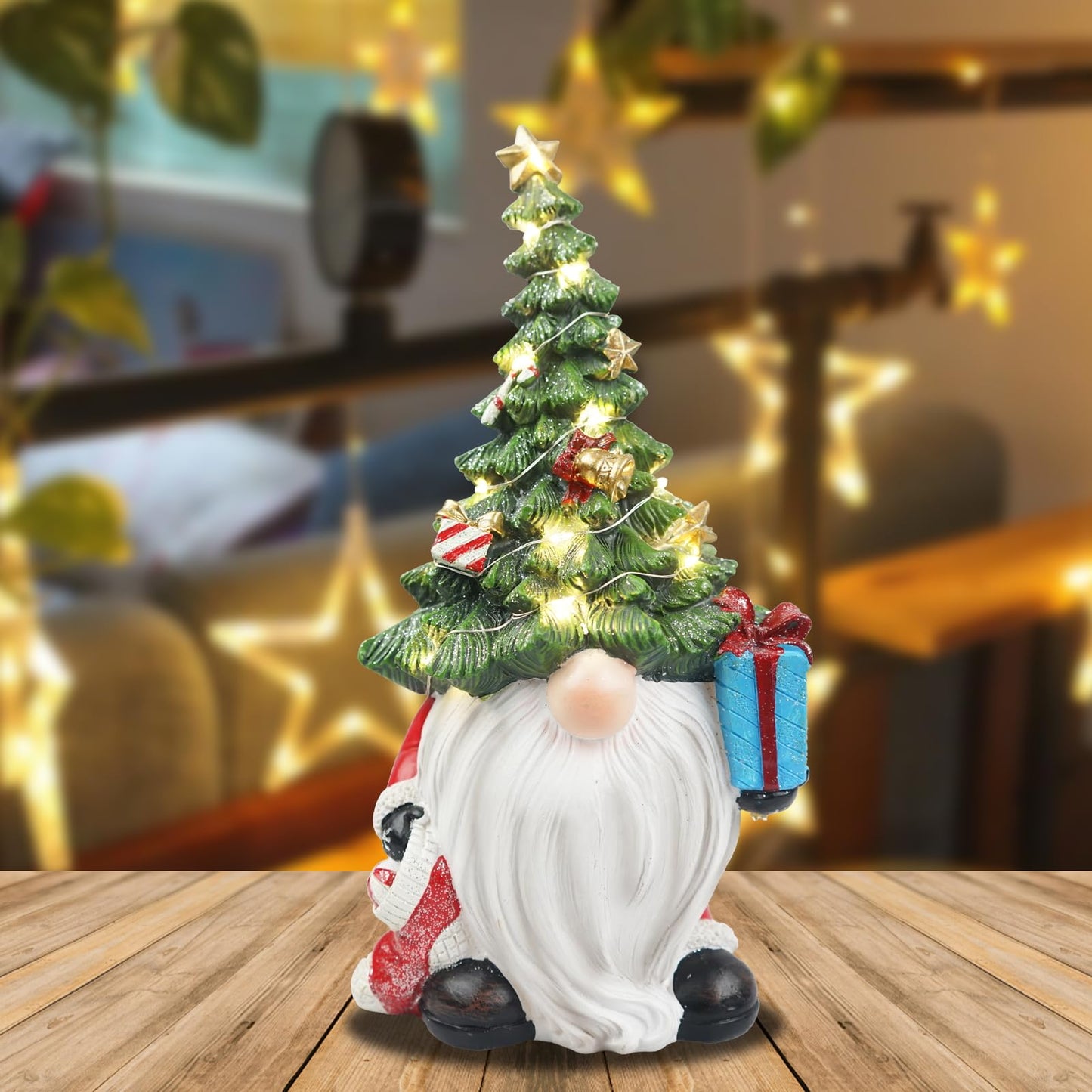 Lighted Christmas Tree Gnome Decoration -11 Inch Resin Xmas Gnomes Figurine Light Up for Holiday Winter Indoor Home Table Decor