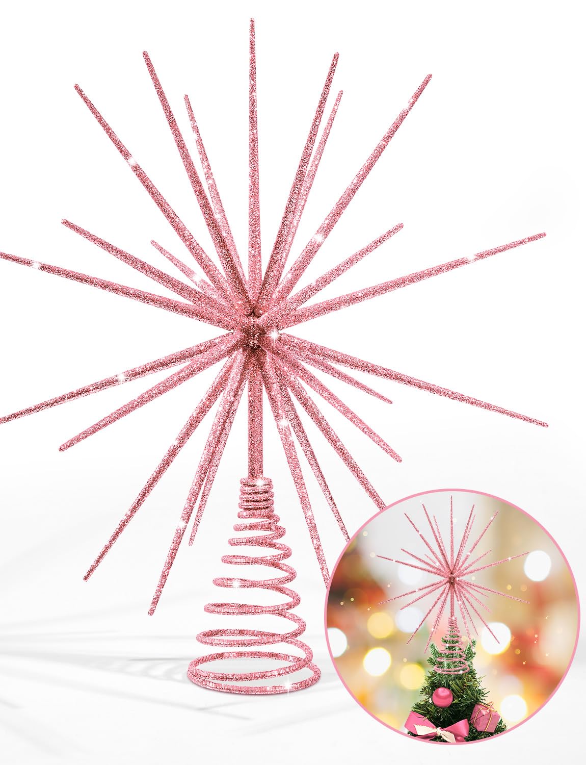 13.7 Inch Pink Christmas Tree Topper - 3D Burst Pink Tree Topper, Exploding Star Christmas Tree New Year Holiday Tree Decoration