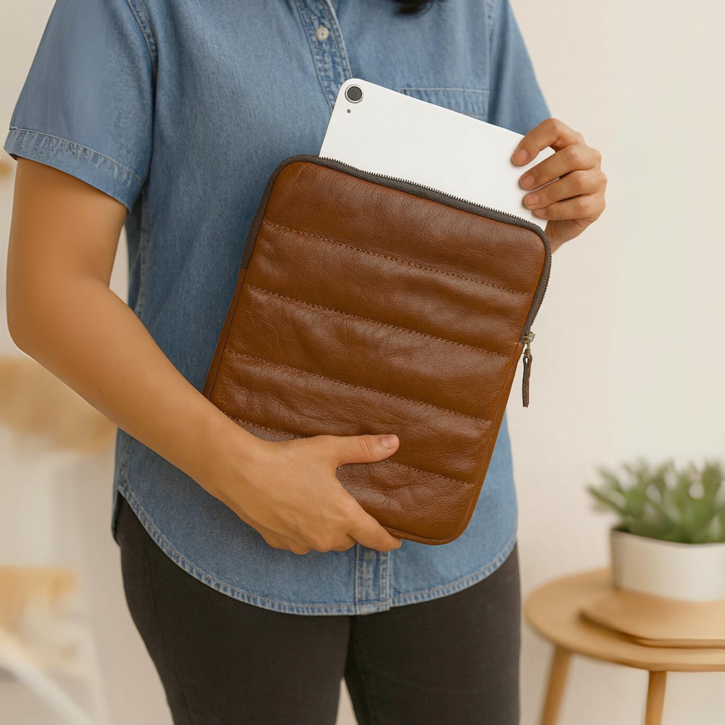 Genuine Leather – The Original Puffy Tablet Sleeve 9–11 Inch Case, Leather Air Pouch for Women & Men, Fits 9th/10th Gen, Pro 11", Air 10.9" + Magic Keyboard (Saddle Brown)