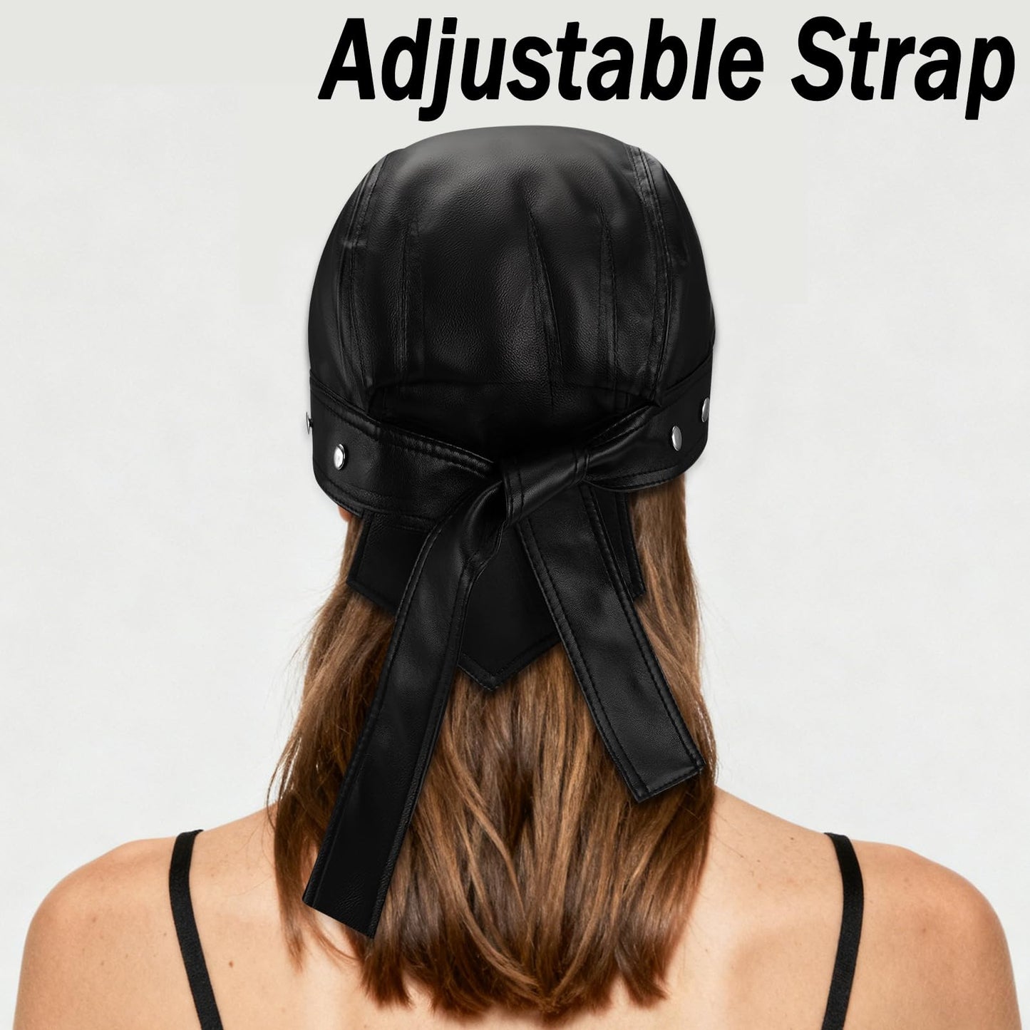 EYEOO Biker Cap Leather Head Wraps for Women Black Bandana Skull Cap Adjustable Motorcycle Biker Black Leather Bandana Motorcycle Accessories for Women Stylish Biker Head Wrap Doo Rag