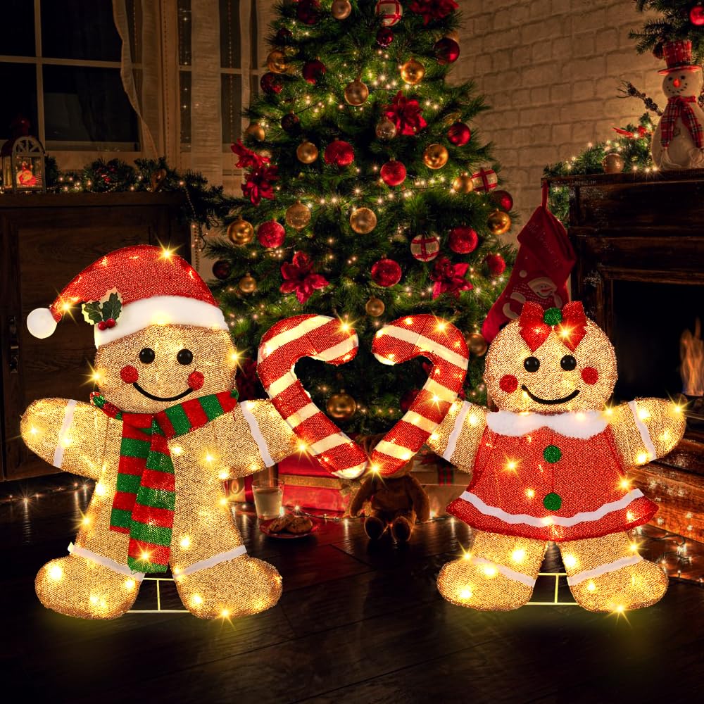 DULEFUN 22.5’’ Lighted Christmas Yard Decoration 2pcs Light Up Gingerbread Man Couple Christmas Outdoor Decorations Sign Waterproof for Xmas Winter Holiday Garden Lawn Outside Indoor Decor Display