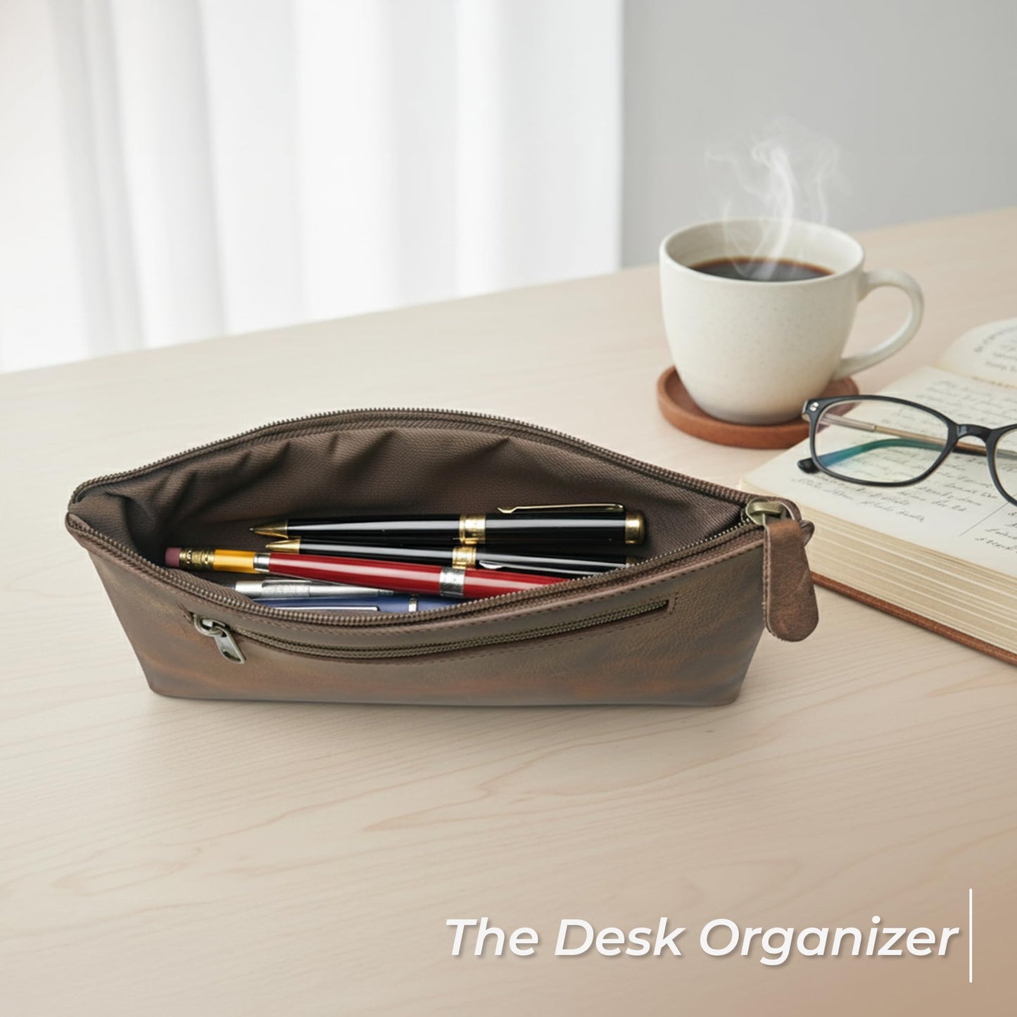 WANDERINGS Genuine Leather Pencil Pouch Case - Large 11" x 6.5" (28 x 16cm) - Hand Crafted Brown Leather Zipper Pouch - Slim Pencil Case Holder for Men and Women