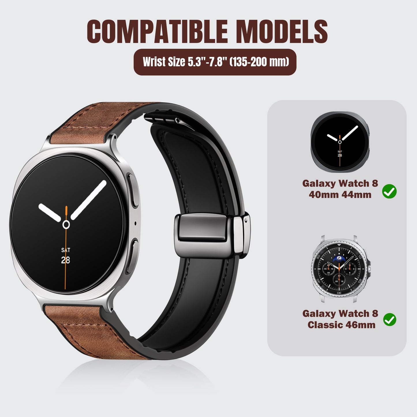 Charlam Magnetic Leather Bands Compatible with Galaxy Watch 8 Band 40mm 44mm, Galaxy Watch 8 Classic Band 46mm, Genuine Leather No Gap Replacement Straps for Samsung Watch 8 Bands Men Women, Brown