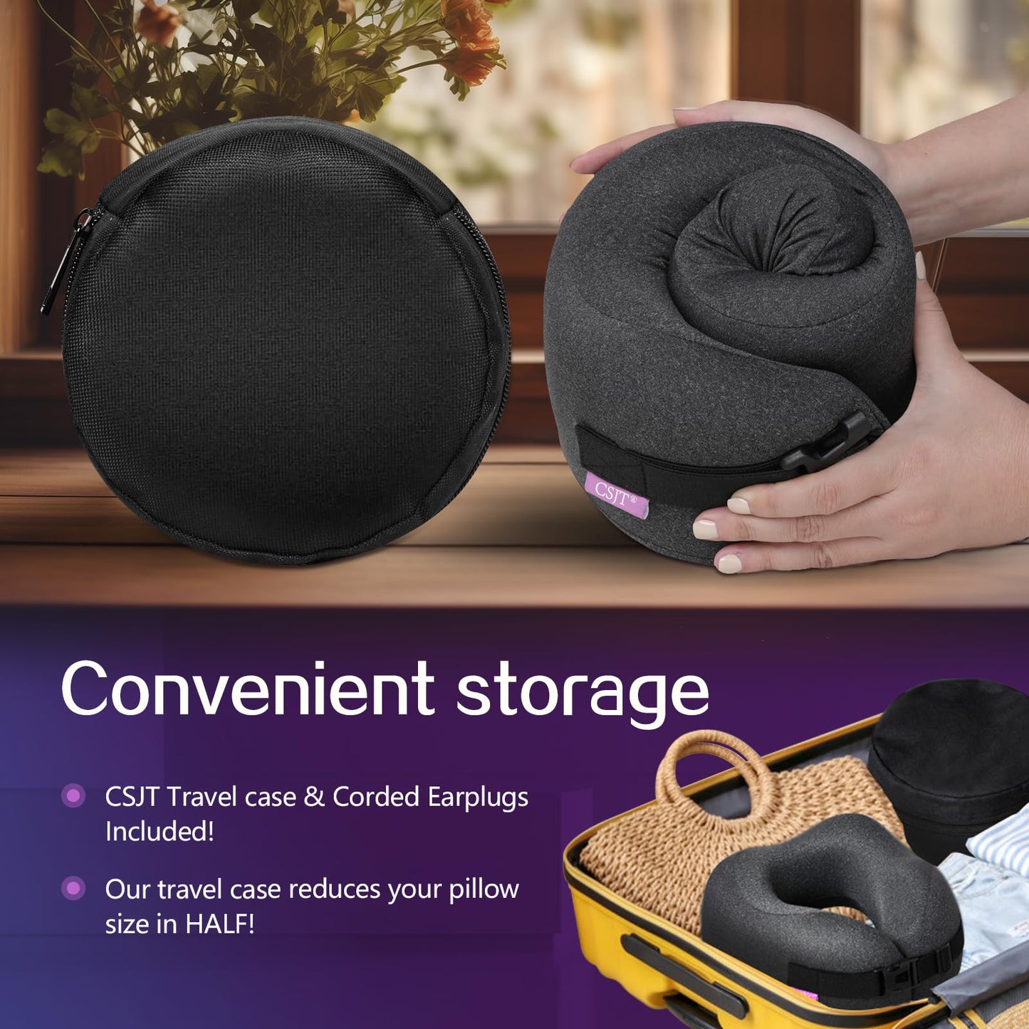 CSJT Travel Pillow Vac Compressed Memory Foam Neck Pillow Airplane,Comfortable,Neck Support,Machine Washable,Airplanes Travel Essentials Accessories for Office,Flight,Cars Breaks Sleeping(Black)