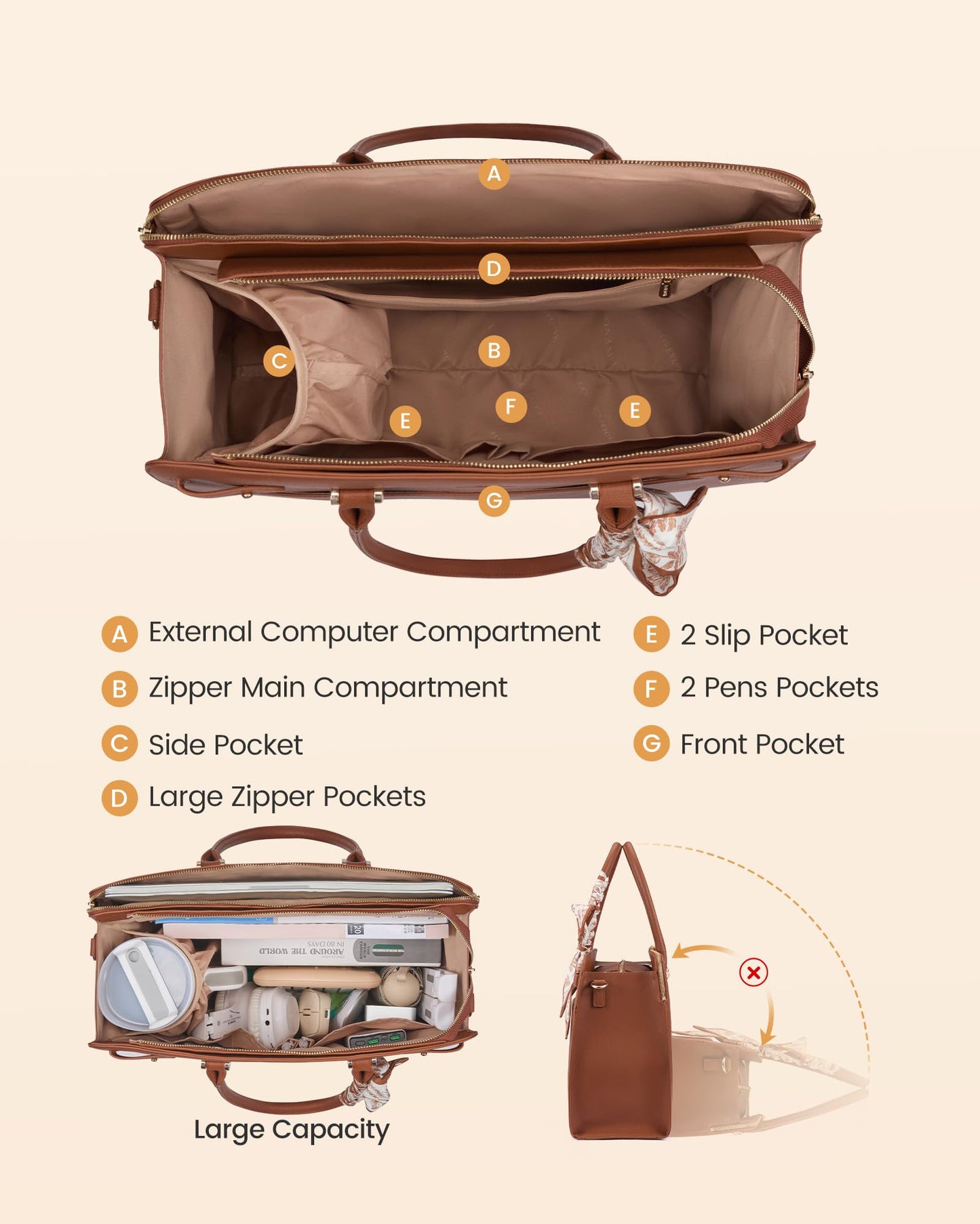 LOVEVOOK Laptop Tote Bag for Women, 17.3 Inch PU Leather Work Bag Waterproof Computer Briefcase Handbag for Teacher Business Office with Silk Scarf, Deep Brown-1