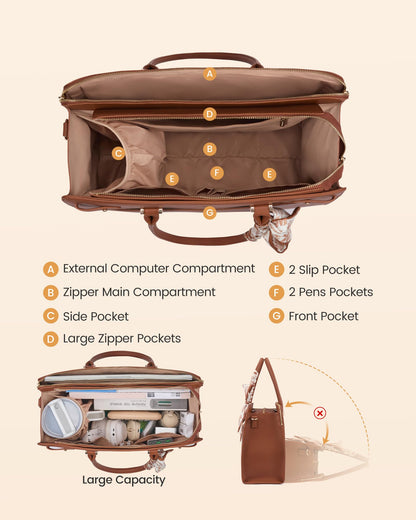 LOVEVOOK Laptop Tote Bag for Women, 17.3 Inch PU Leather Work Bag Waterproof Computer Briefcase Handbag for Teacher Business Office with Silk Scarf, Deep Brown-1