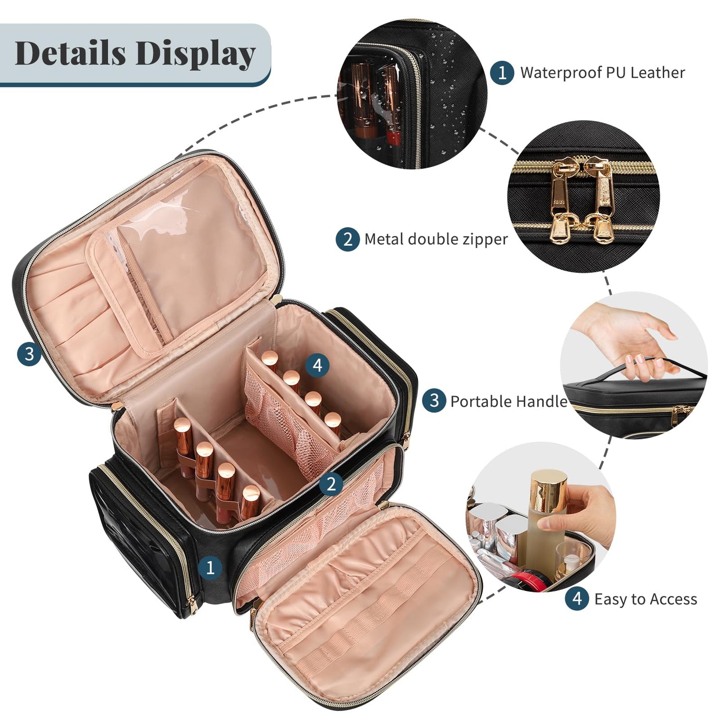 Bagmoly Large Makeup Bag, Portable Travel Makeup Bag Organizer for Women Girls with Makeup Brush Compartment & Two Side Pockets, Cosmetic Travel Bag Vertical Storage Toiletry Bag - Black