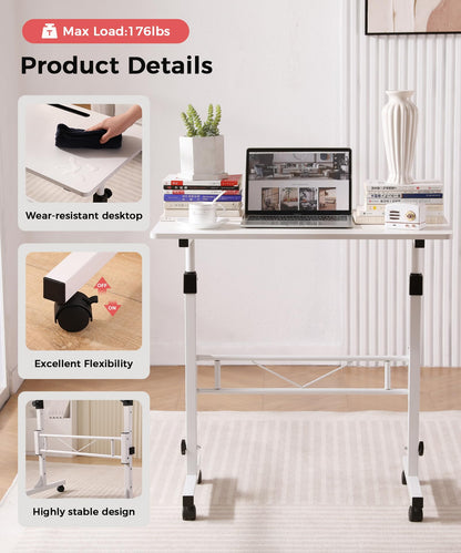 KLSMYHOKI Portable Standing Desk Adjustable Height, Small Computer, Laptop, Mobile Stand Up Rolling Desk with Wheels, Table for Home Office, 16"x31.5" Height 27"-43.5", White