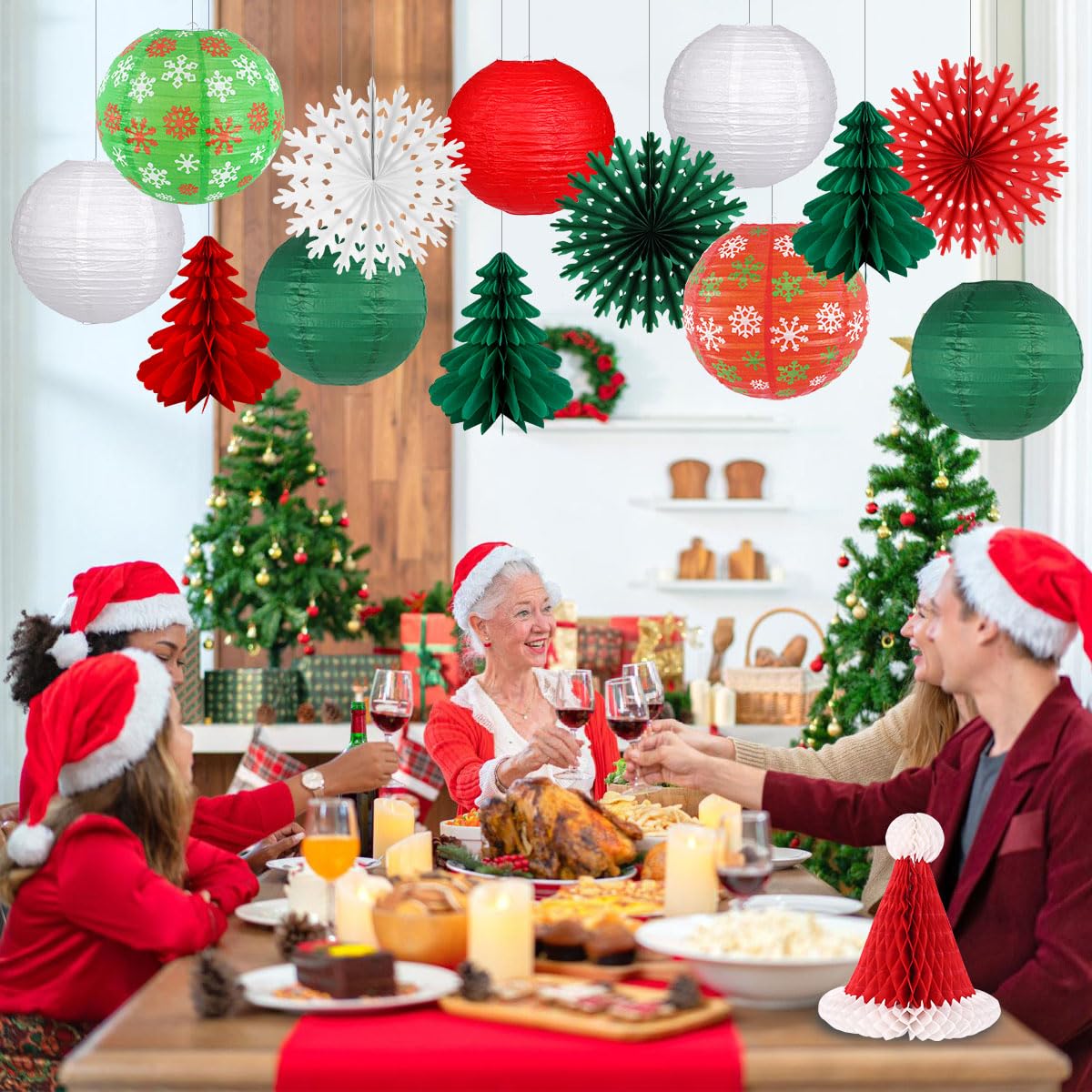 Christmas Party Decorations Paper Lanterns Honeycomb Santa Hat Tree Paper Fans for Christmas Birthday Party New Year Holiday Wall Home Decor