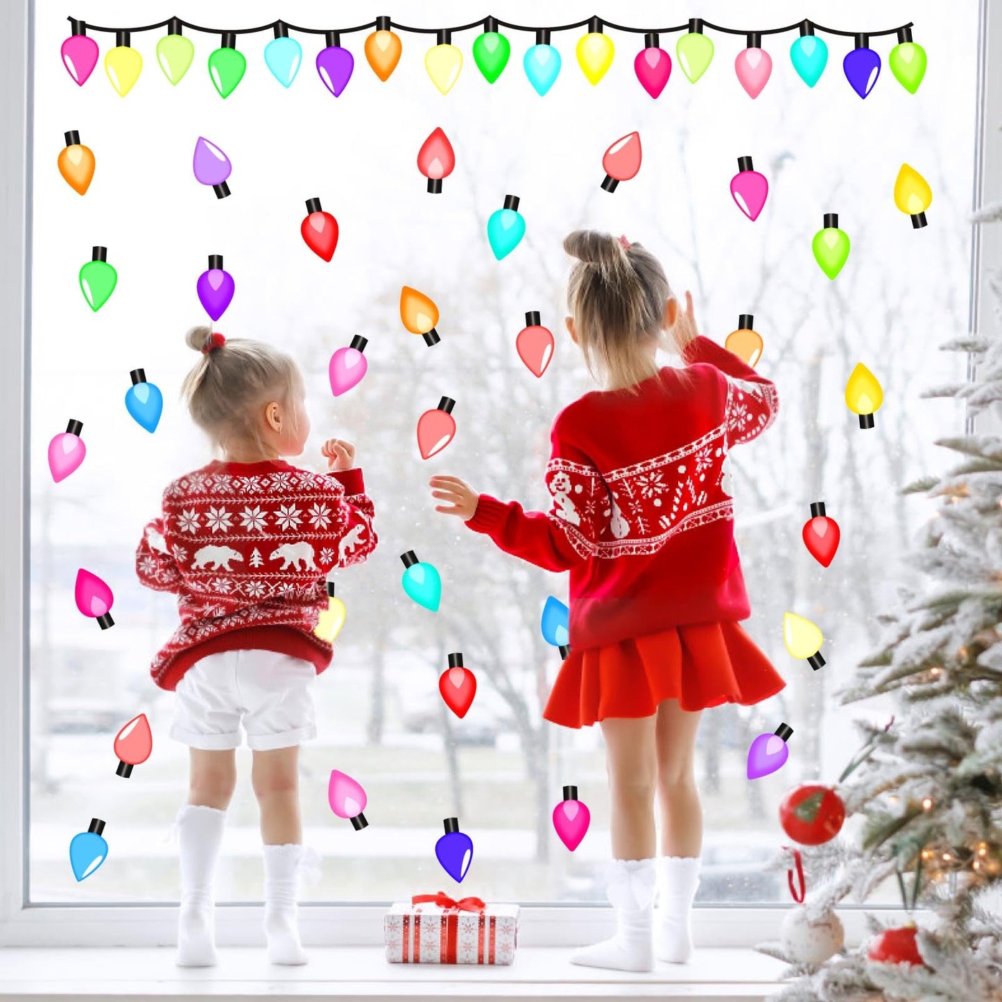 Christmas Light Window Decals Clings Double Sided Colorful Lights Wall Stickers Merry Christmas Window Wall Stickers Holiday Xmas Bright Windows Decals Holiday Light Bulb Windows Decorations