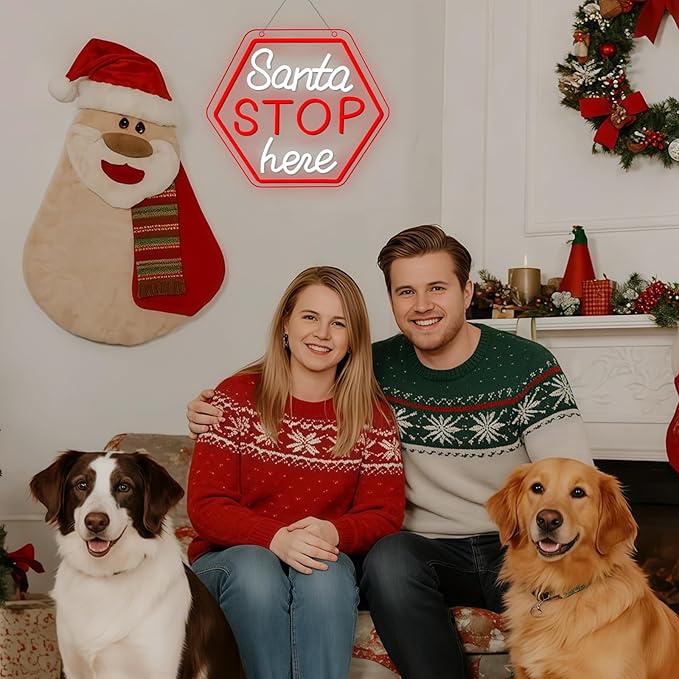 Santa Stop Here Neon Sign – Christmas LED Wall Light, Holiday Decoration for Home, Porch, or Party