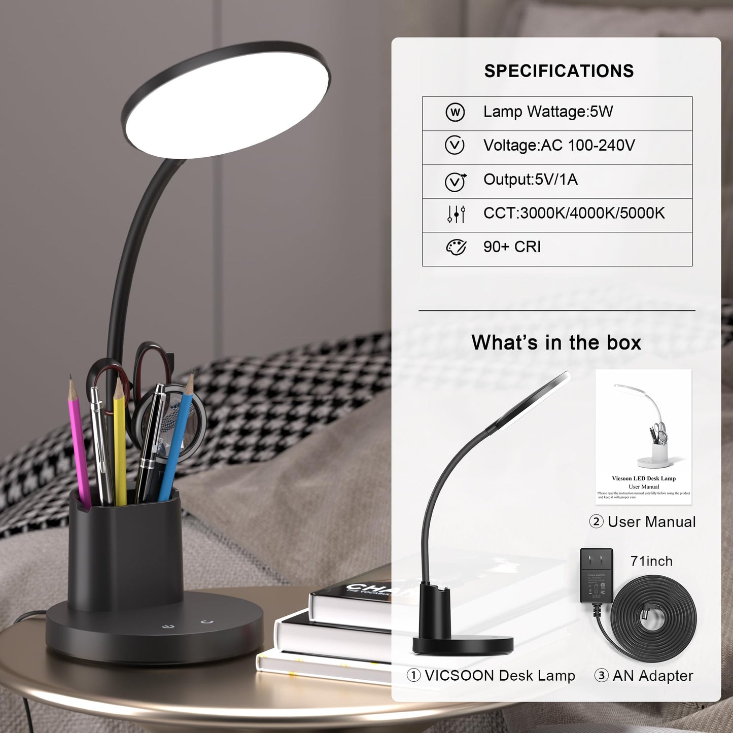 Vicsoon Desk Lamp, LED Desk Lamps for Home Office, Touch Table Lamp with 3 Color Modes 360° Adjustable Arm, Dimmable Desk Light with Pen Phone Holder for College Dorm, Black