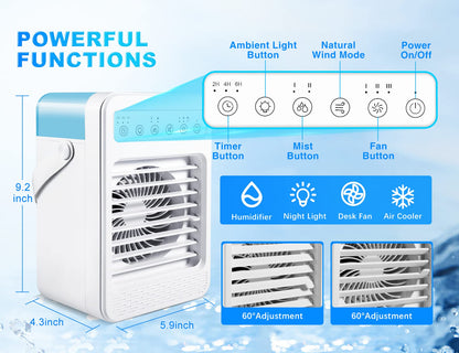 Portable Air Conditioners, Personal Air Cooler Humidifier with 4 Speeds, 7 Colors Light, 600ML Water Tank, Mini Personal Air Conditioner Fan, USB Quiet Air Cooler for Home, Office, Bedroom