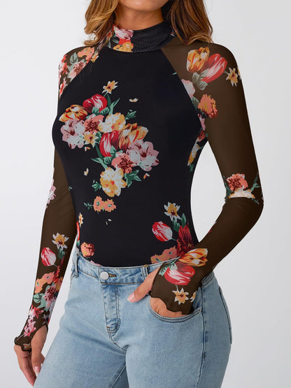 Dealmore Lace Sheer Long Sleeve Floral Mesh Mockneck Trendy Cute Going Out Tops for Women Fall Fashion Outfits 2025 Clothes