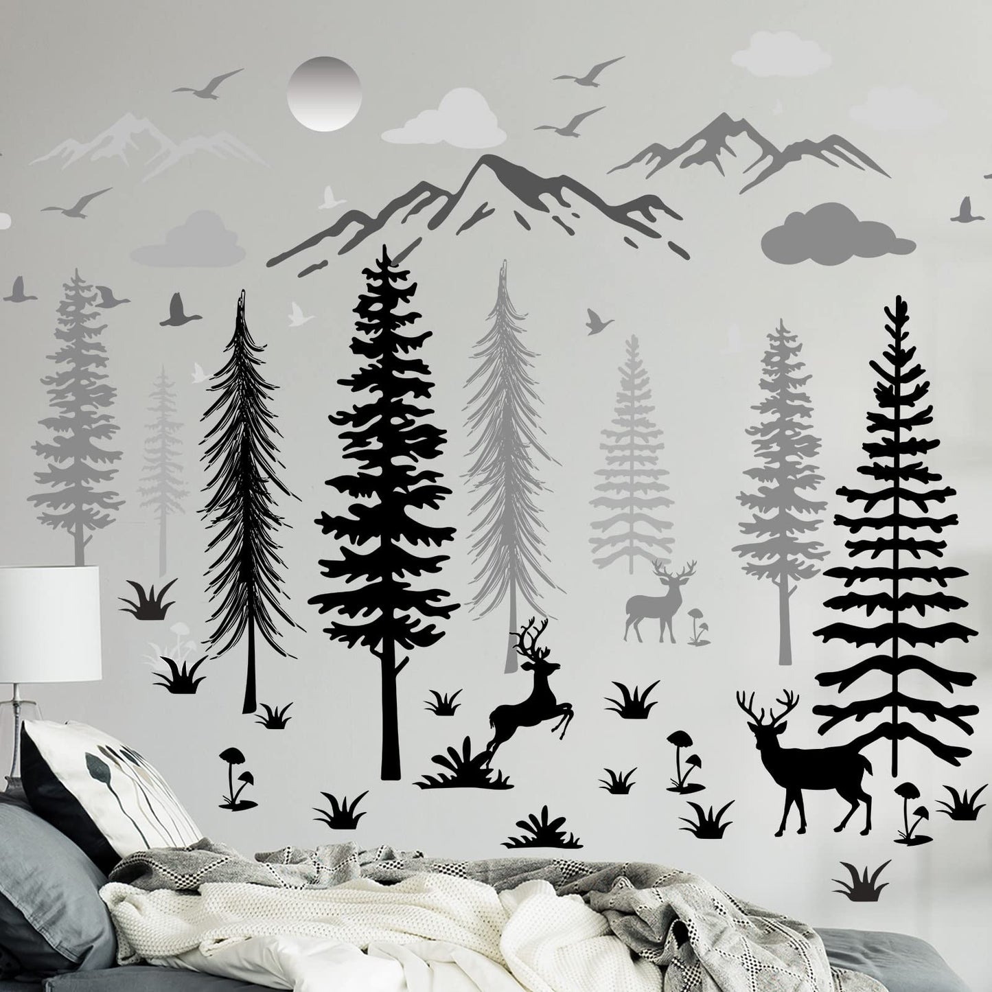 Teling 8 Pieces Winter Snowflake Wall Decals Stickers Dreamy Nursery Forest Woodland Trees Deer Pine Tree Wall Decals for Kids Room Winter Decor(Black, White, Gray)