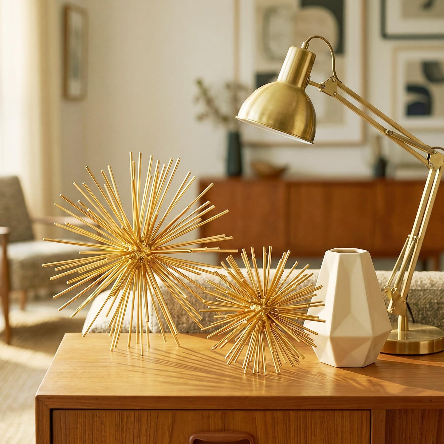 ElaraBerry 2 Pcs 4.2" and 6" Gold Sphere Decor, Metal Gold Starburst Tabletop Sculpture Decor, Modern Metal Starburst Centerpiece, Star Burst Ball Decoration for Home Decoration