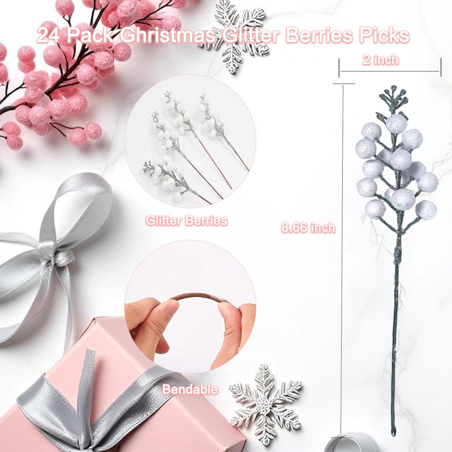 Uabwim 24Pack Christmas Picks Glitter Berries Stems Artificial White Berry Branches Holly Picks Stems Christmas Tree Ornaments for DIY Xmas Wreath Crafts Gifts Holiday Home Decor (White)
