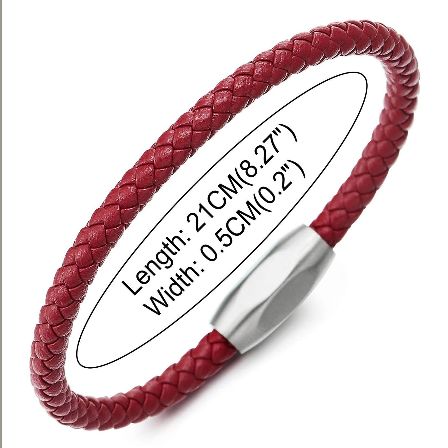 COOLSTEELANDBEYOND Mens Women Red Braided Leather Bracelet, Minimalist Single-Strand with Polished Stainless Steel Clasp, Everyday Casual Jewelry