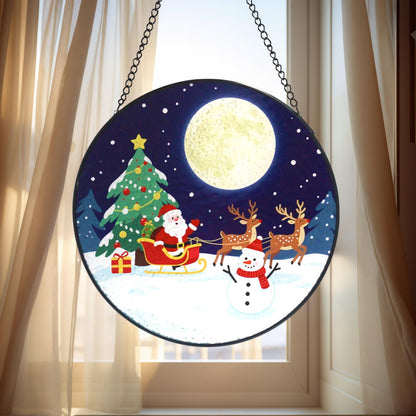 Christmas Stained Glass Suncatcher Window Decor with Santa, Reindeer, Snowman Home Decoration Indoor for Bedroom Living Room Door Wall for Women Men Friend Parent Lover, 7.8 Inch
