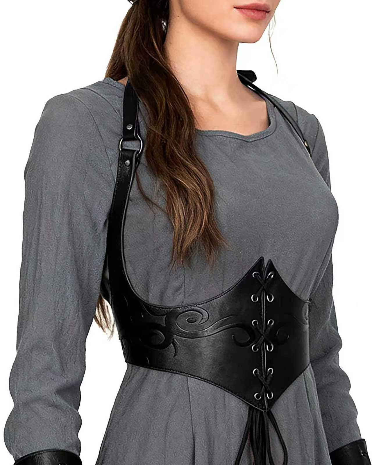 Joukavor Medieval Leather Corset Belt Renaissance Waist Cincher for Women Halloween (Black, XL)