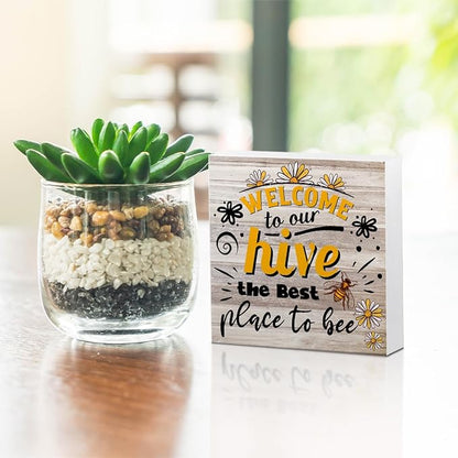 Inspirational Bee Decorations Wooden Box Sign, Bee Decor Welcome Sign, Spring Summer Rustic Farmhouse Home Living Room Bedroom Desk Table Shelf Cubicle Decor Decorations, Wood Block Plaque