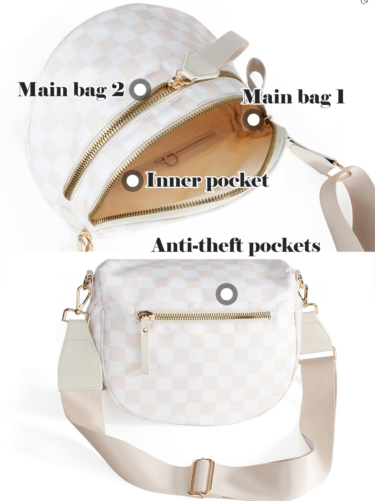 Black and White Checkered Crossbody Bum Bag for Women,Spacious Checkered Purse Fanny Packs Belt Bag Sling Bag with Shoulder Strap (Beige Checkered)