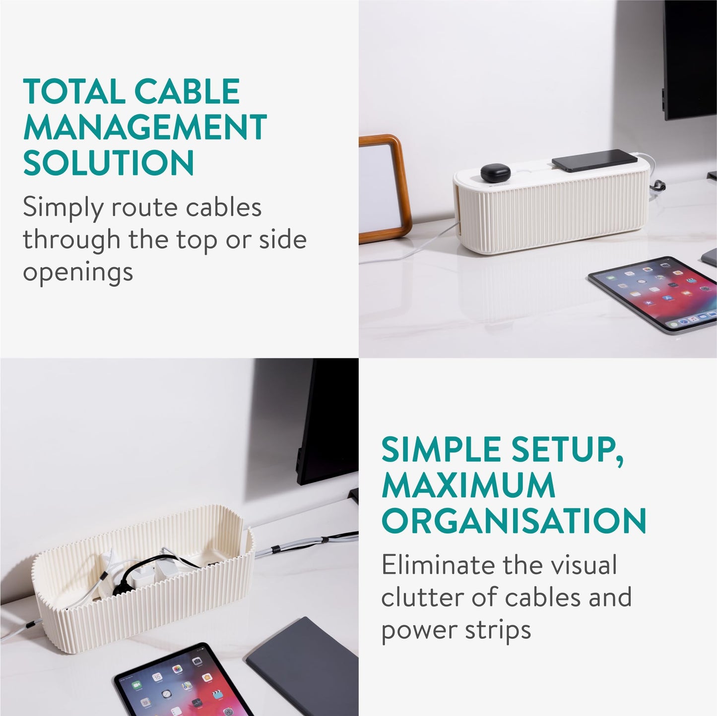 Navaris Ribbed Cord Boxes - Stylish Cable Management Box - Cord Wire Organizer to Hide Cords - Power Strip Hider Storage Box - for Desk Desktop & TV Cable Management - Set of 2