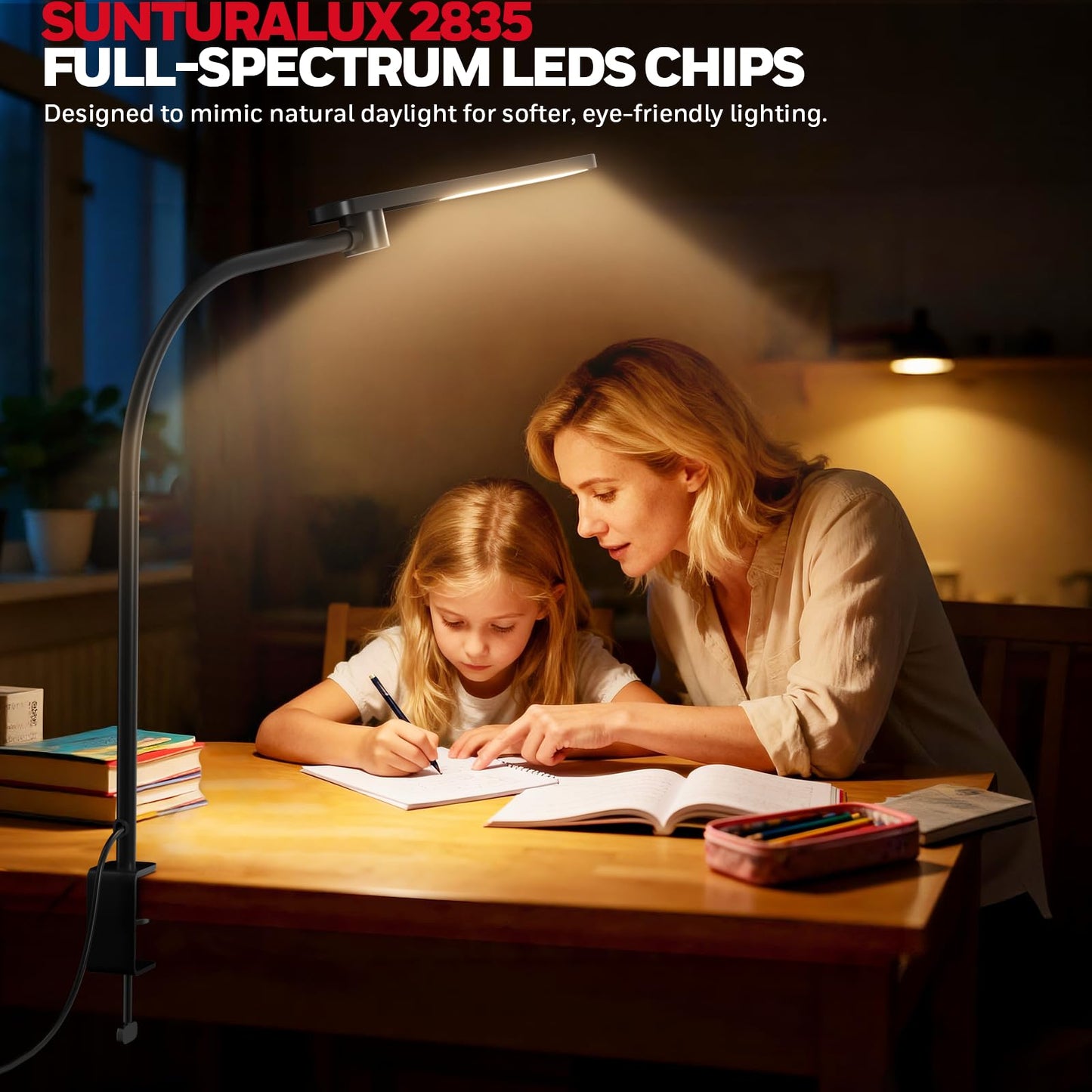 Honeywell HJ2 Sunturalux™ Clamp LED Desk Lamp, CRI≥97 Full-Spectrum Eye-Caring Light, 3 Color Modes & Stepless Dimming, 16" Flexible Gooseneck for Reading, Home Office, Art Creation (Black)
