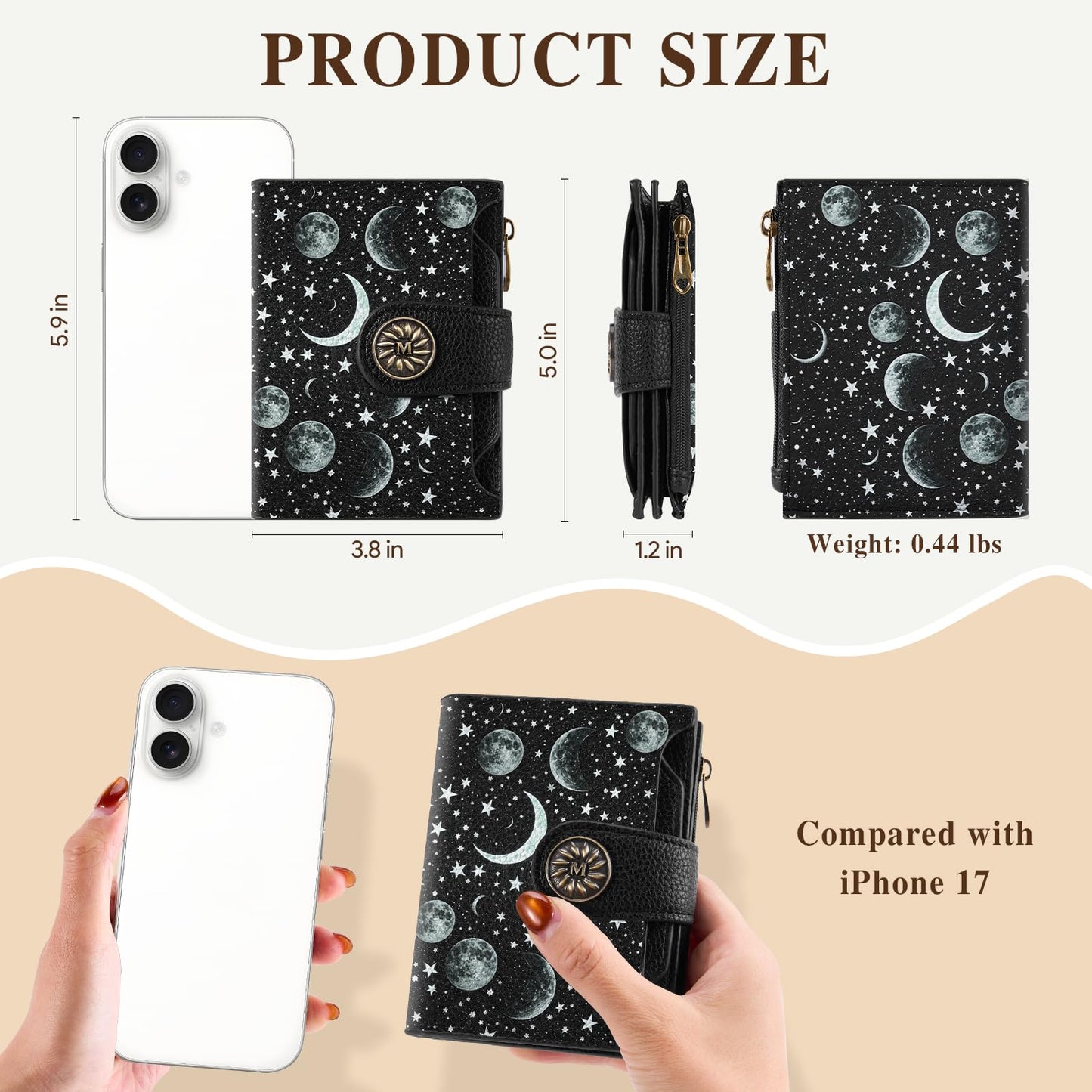 Mayski Celestial Moon Small RFID Wallet Women, PU Leather Bifold Zipper Coin Pocket Compact Cash Credit Card Holder Purse, Cute Travel Wallet for Female Ladies Teen Girls, 4 ID Window 14 Card Slots