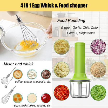 4-in-1 Electric Hand Mixer, Electric Whisk, Mini Onion Chopper 10Oz, Small Cordless Hand Blender, Milk Frother Wand for Coffee, Matcha, 4 Speed Rechargeable Food Processor for Baby Food Maker