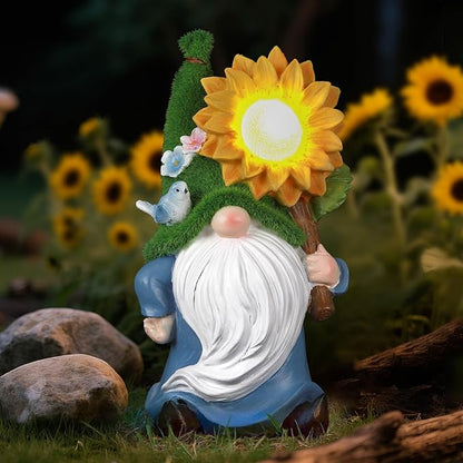 Solar Gnome with Glowing Sunflower Light,Weatherproof Resin Garden Figurine Decor Auto On/Off - Fairytale Statue Gift for Patio,Yard
