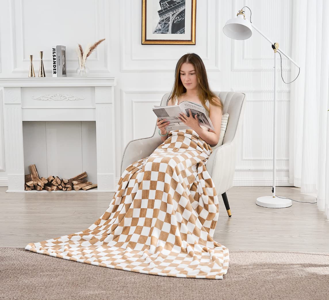 Edenleaf Checkered Blanket Flannel Throw Blankets Soft Cozy Checkered Grid Print Chessboard Gingham Pattern Throws for Bed Sofa Couch for All Seasons, 50x60 Inch, Blonde