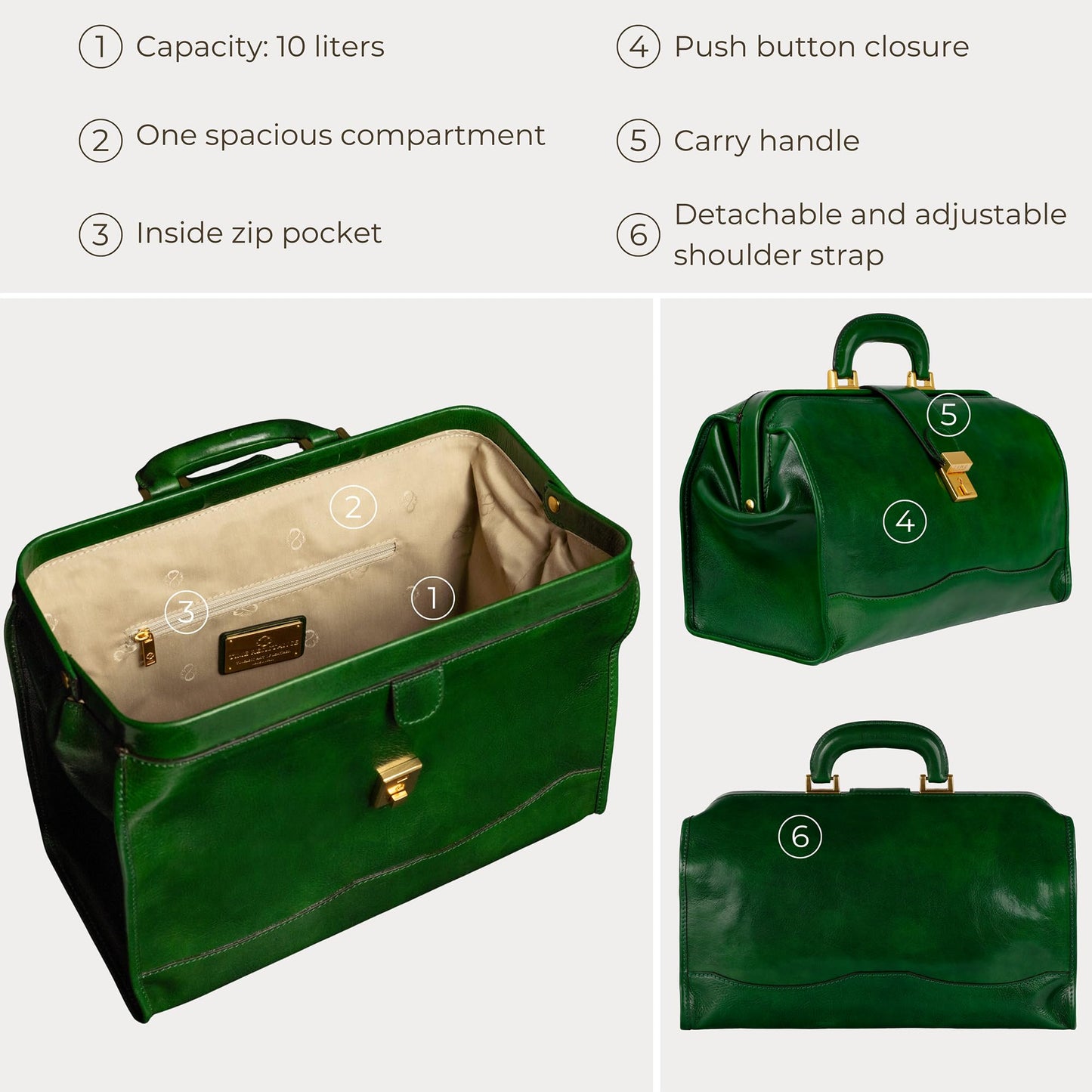 Time Resistance Leather Doctor Briefcase - Italian Handmade Medical Bag - Vintage Style Briefcase for Men and Women -Top Handle Gladstone Bag (Green)