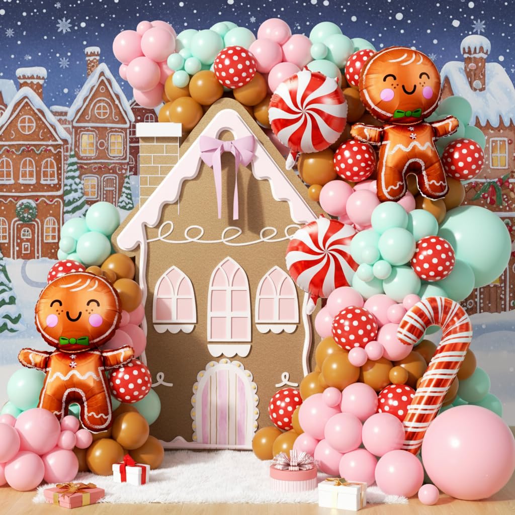 PTGOLUO 160Pcs Christmas Balloon Arch Garland Kit Xmas Pastel Pink Green Brown Latex Balloons Gingerbread Man Candy Cane Foil Balloons Arch Kit for Christmas New Year Party Birthday Party Decorations