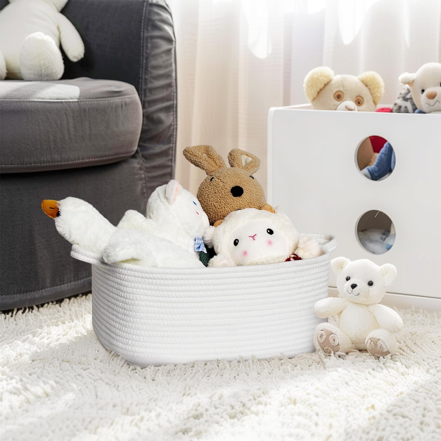 MEGASKET White Cute Cotton Rope Baskets for Organizing, 13.5"x10"x6" Woven Basket for Gifts Empty, Baby Nursery Closet Storage Organizer Bin, Cat Toy Bin Box, Decorative White Easter Gift Basket Empty