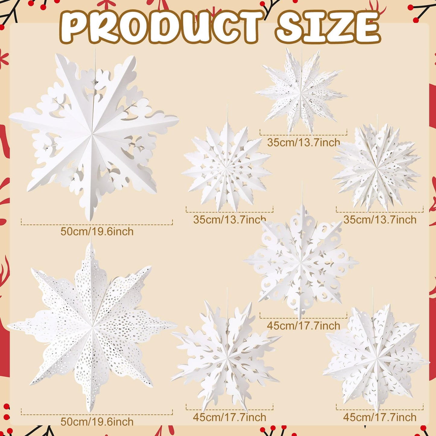 Epakh 8 Pcs Christmas Paper Star Lantern 3D Large Christmas Paper Snowflake Lanterns White Hanging Lamp Ornaments for Xmas Tree New Year Holiday Party Decorations
